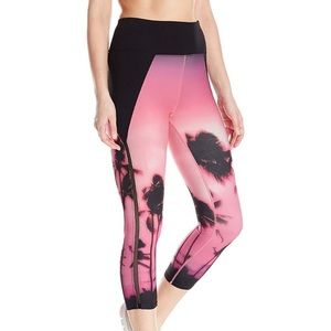 Betsey Johnson Palm Tree and Beach Yoga Capris Legging, Black, Pink, XS, S